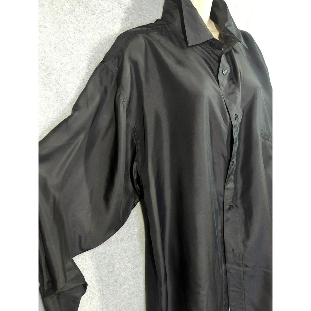 Womens 100% Silk Blouse L Black Button Up Blouson Sleeves Chic Oversized Money